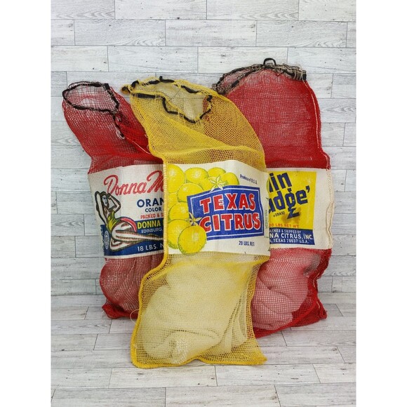 Vintage Lot of 3 Texas Oranges Lemons Mesh Bushel Bags Bag Fruit Donna Citrus - Picture 1 of 16